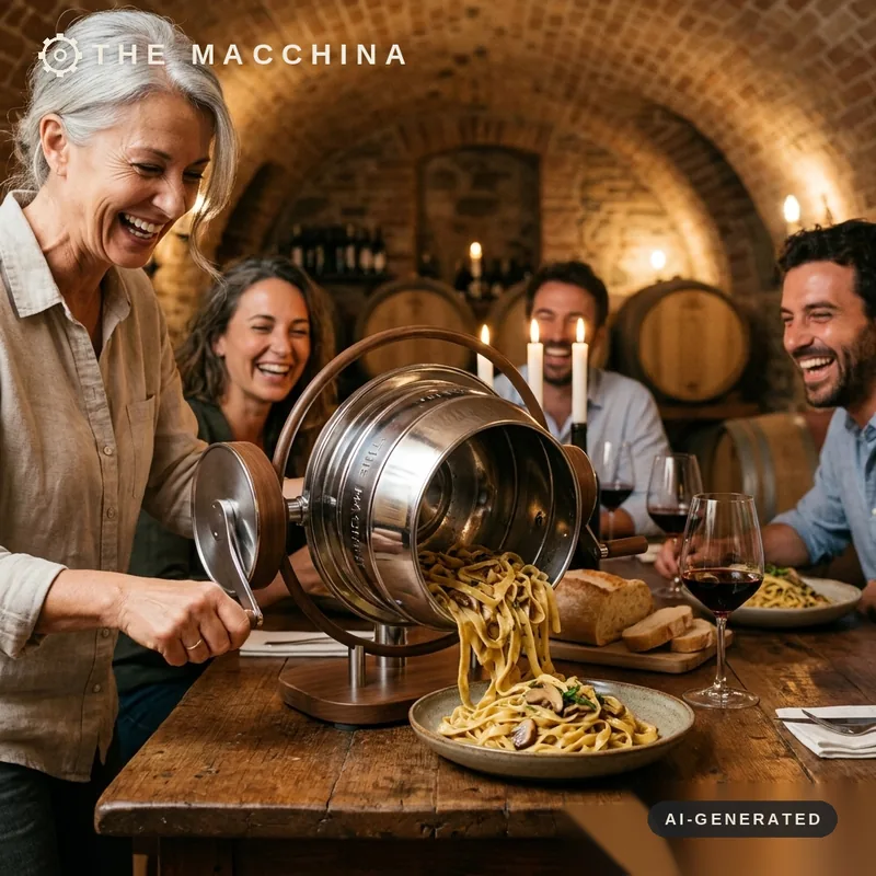 Dinner with friends, down in the wine cellar. AI-generated scene.